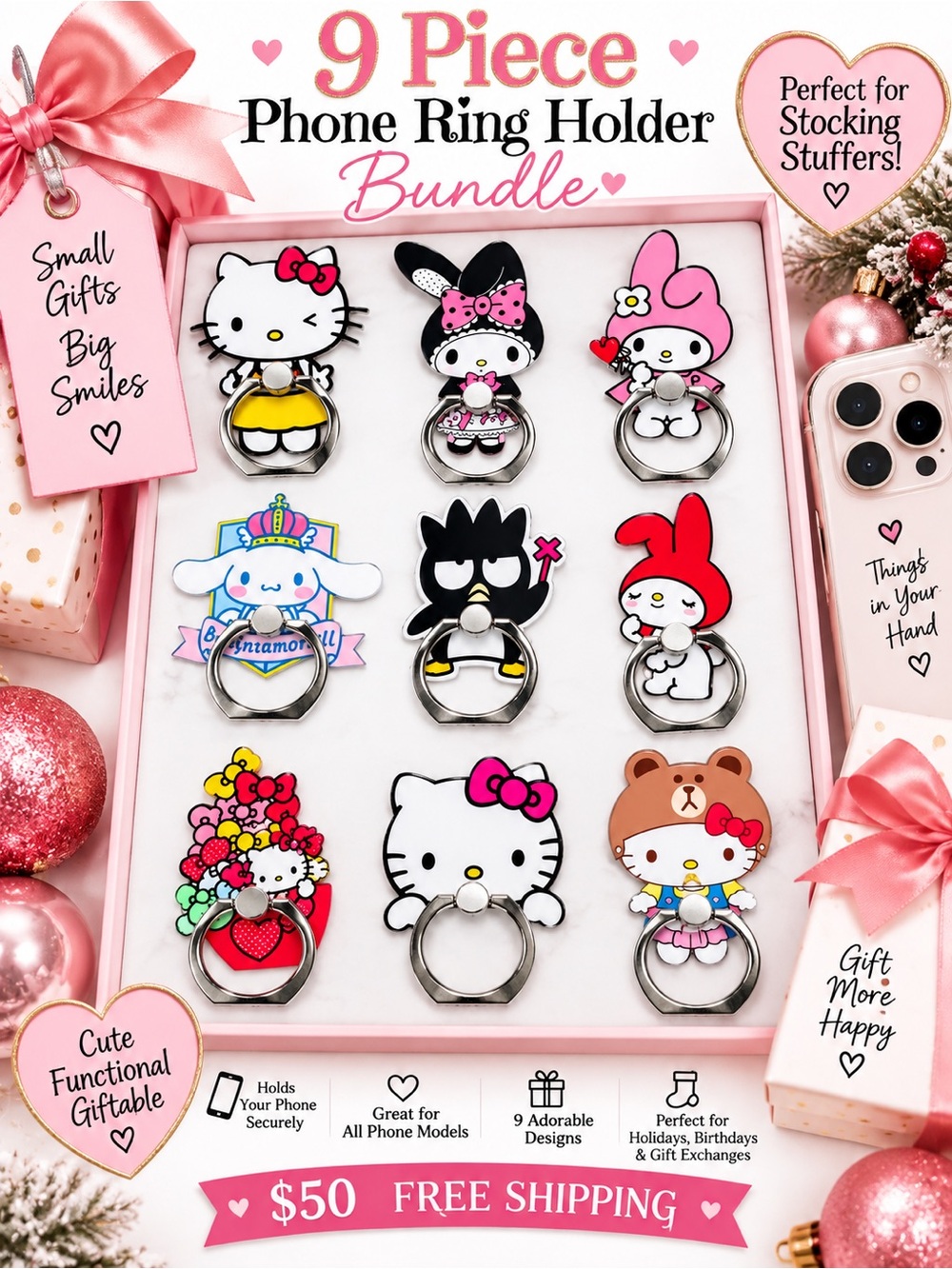 9 Pc Cute Character Phone Ring Holder Grip Bundle | Stocking Stuffers.NWT